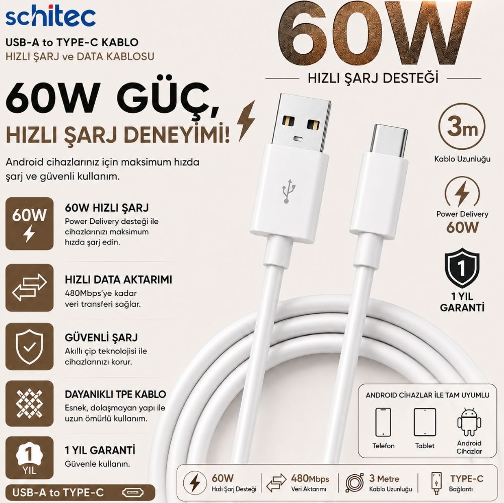 Winex 3A 60W UsbA to Type-C 3Metre Data ve Hızlı Şarj Kablosu Beyaz SX223M