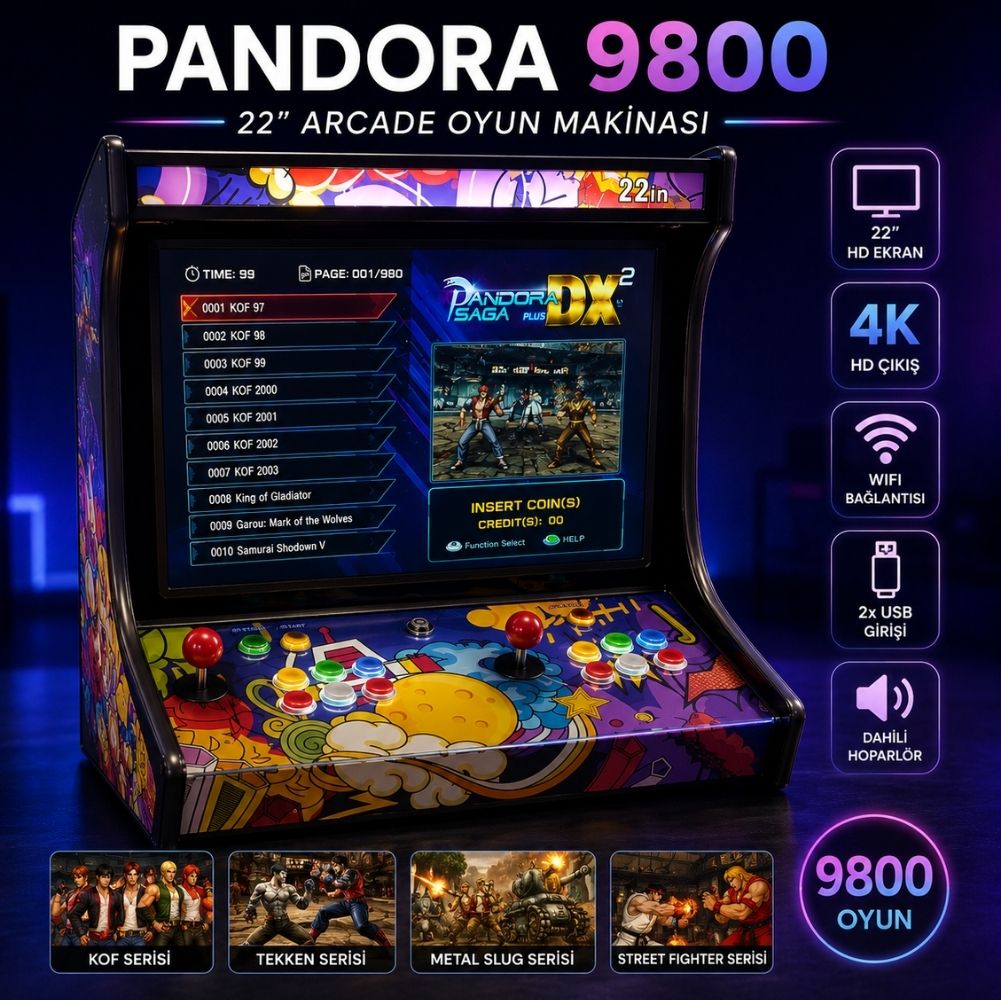 ScHitec 4K 3D Pandora 9800 Arcade Oyunlu Taşınabilir Pandora Masaüstü Kabinli 22inç Atari Makinası 