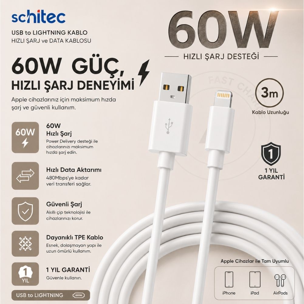 Winex 3A 60W UsbA to Lightning 3Metre Data ve Hızlı Şarj Kablosu Beyaz SX233M
