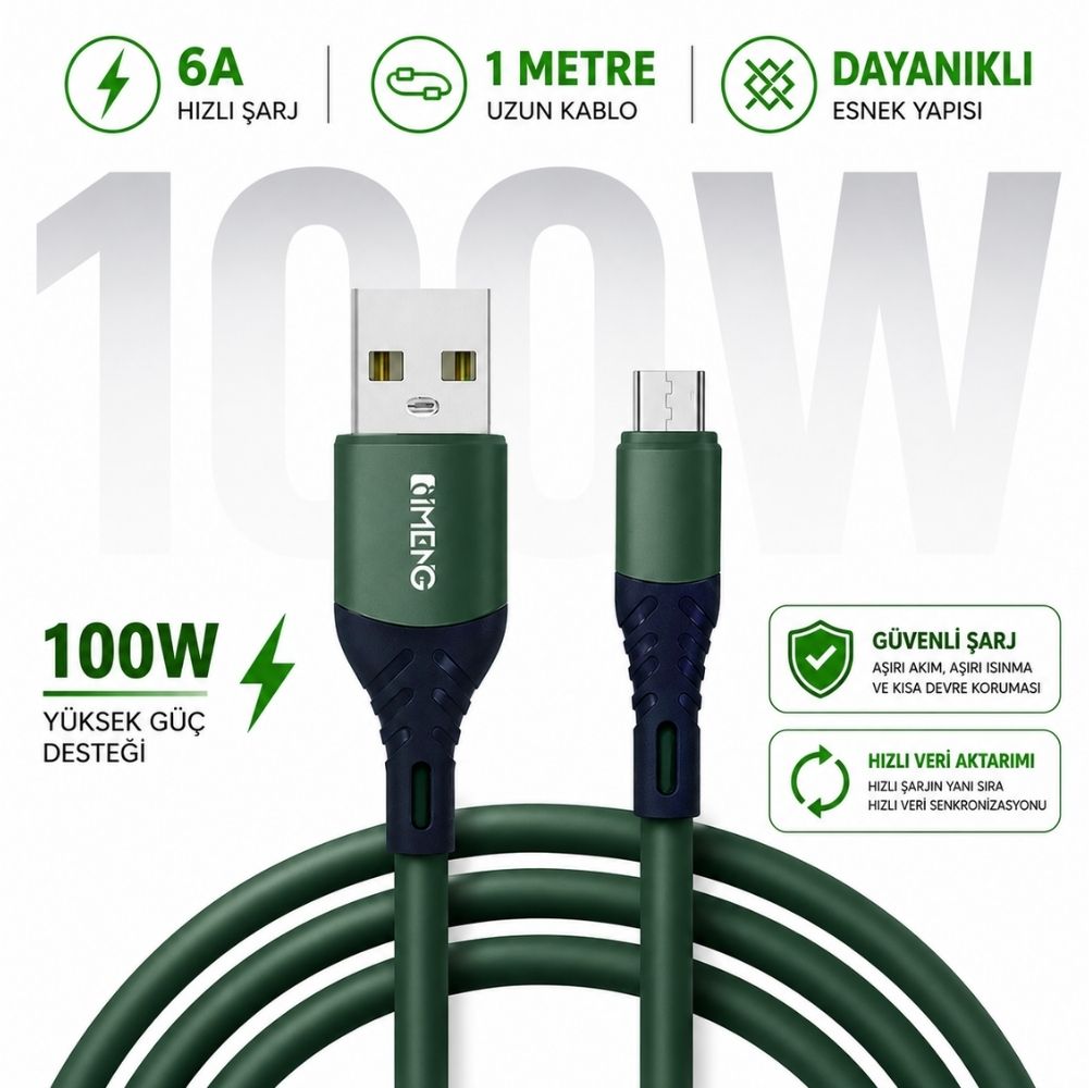 İmeng 6A 100W UsbA to Micro Data ve Hızlı Şarj Kablosu ML60 Yeşil