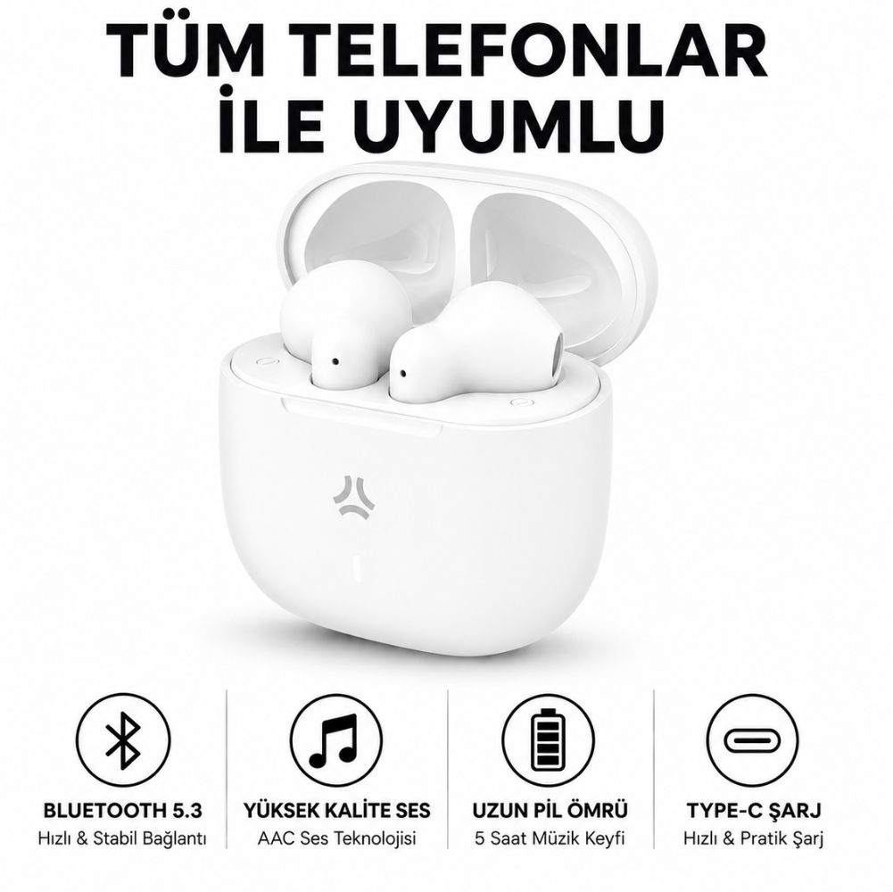 CELLY BUZ2 TWS Tam Kablosuz Bluetooth 5.3 Dokunmatik Kulak İçi Beyaz Kulaklık Type-C Girişli 