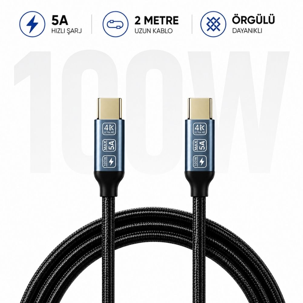 ScHitec 5A 100W 20Gps 4K 60Hz Type-C To Type-C 4.0 Gen2 Hızlı Data ve Şarj Kablosu Örgülü 2Metre Siyah