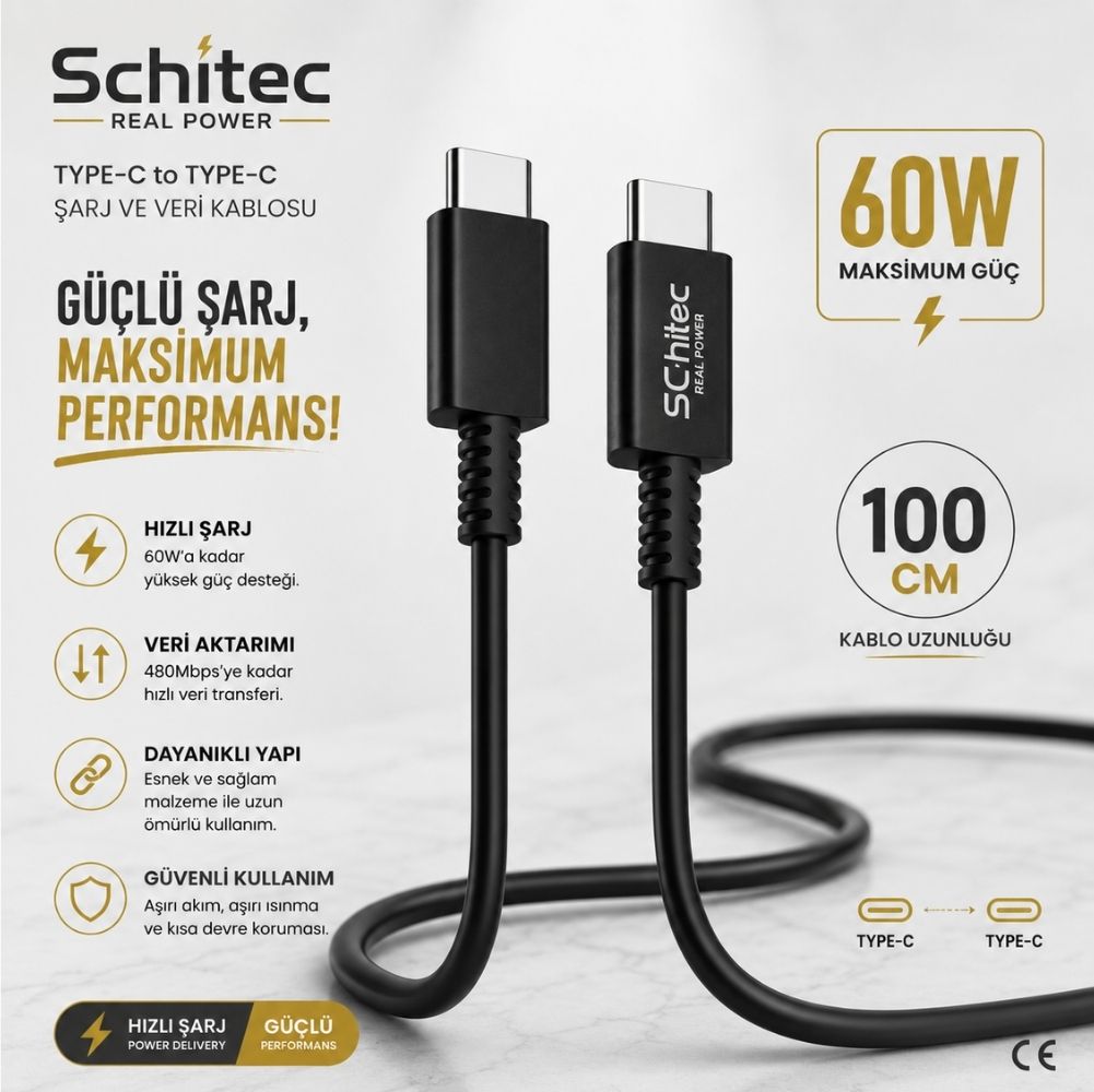 SChitec 60W Type-C to Type-C Data ve Hızlı Şarj Kablosu Telefon, Tablet, Laptop Uyumlu Siyah SK005