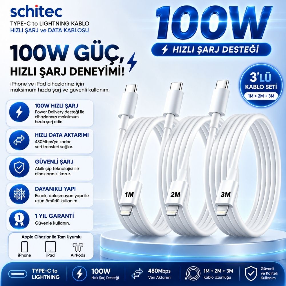 ScHitec 3 Paket 6A 100W Type-C to Lightning Hızlı Data ve Şarj Kablosu 1 Metre/  2 Metre / 3 Metre Beyaz SX112131 - ScHitecSX1121313P