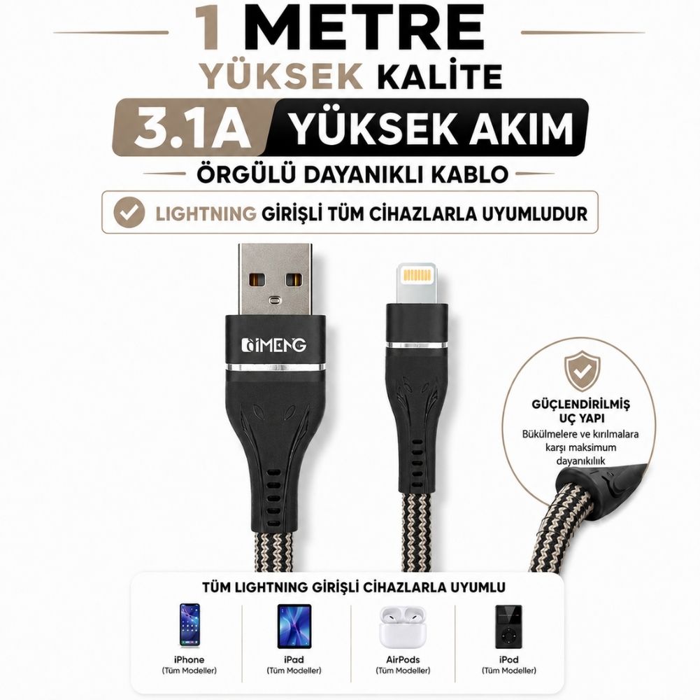 İmeng 3A UsbA to Lightning Pro Braided Data ve Hızlı Şarj Kablosu Siyah