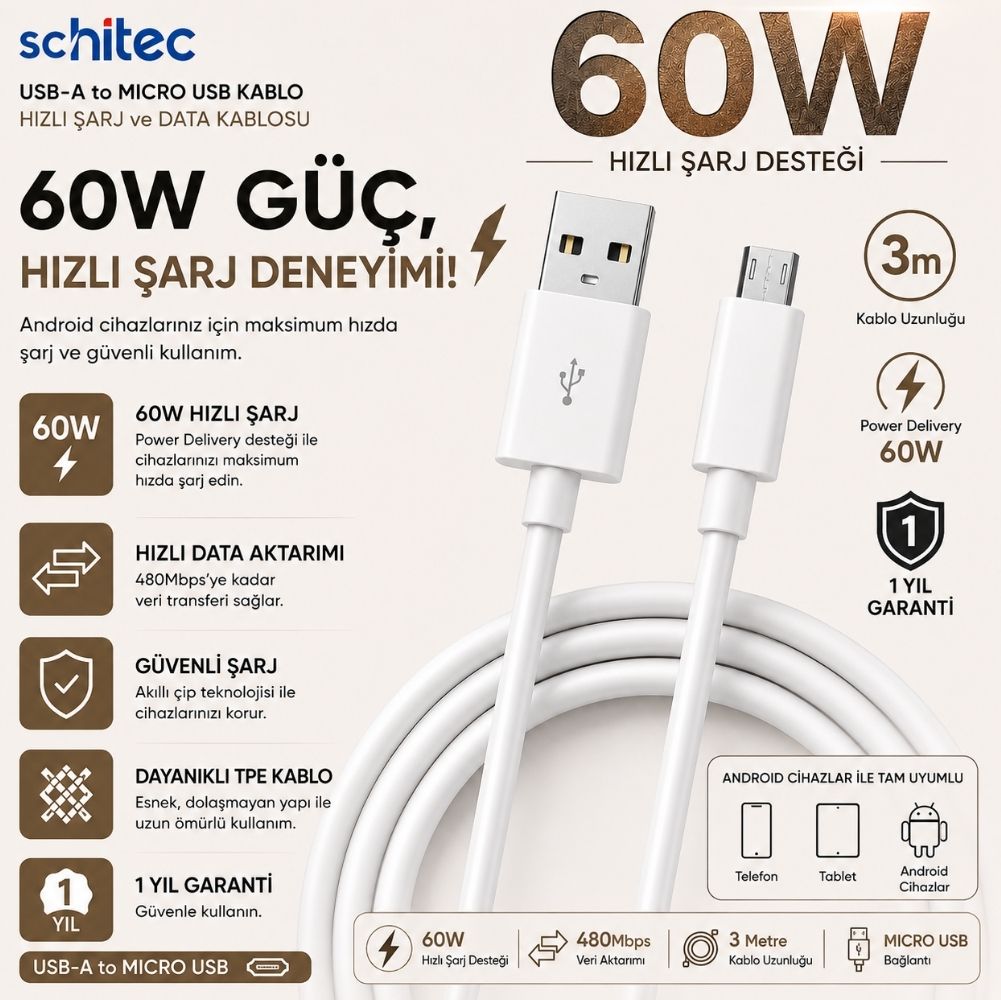 Winex 3A 60W UsbA to Micro 3Metre Data ve Hızlı Şarj Kablosu Beyaz SX243M
