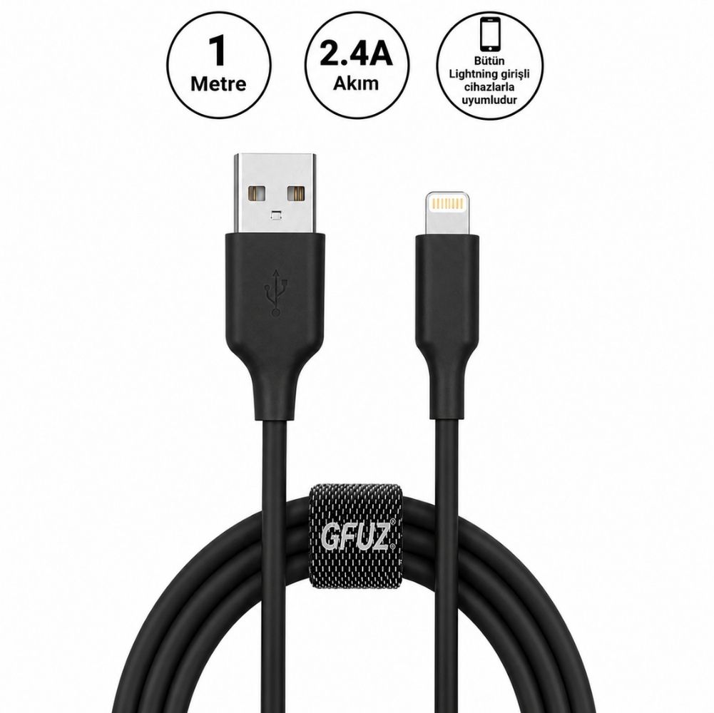 Gfuz CA58 2.4A UsbA to Lightning Data ve Hızlı Şarj Kablosu Siyah