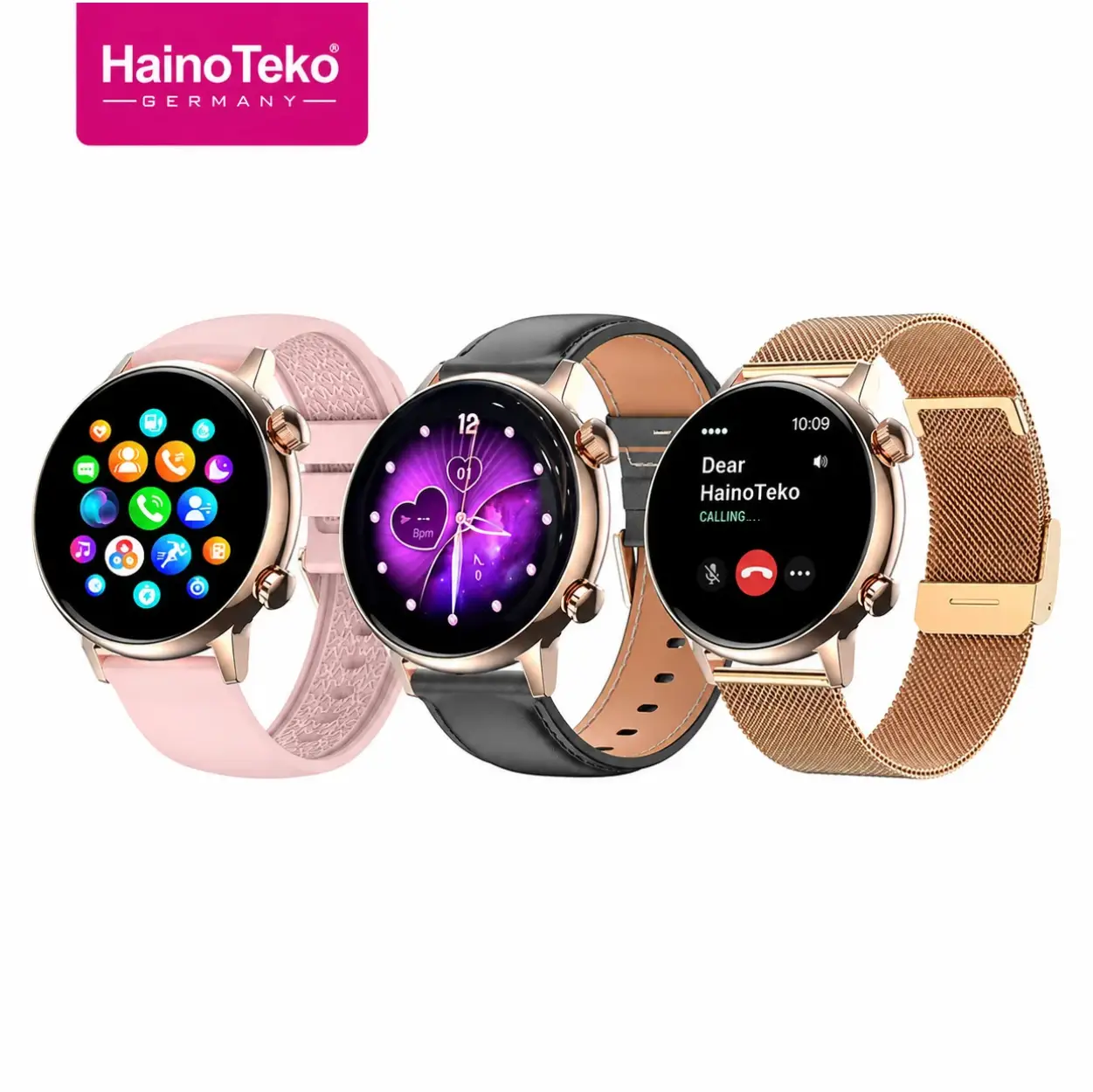 HainoTeko-24 Mini AMOLED Akıllı Saat Bluetooth Arama Su Geçirmez 3 Kordon Seti