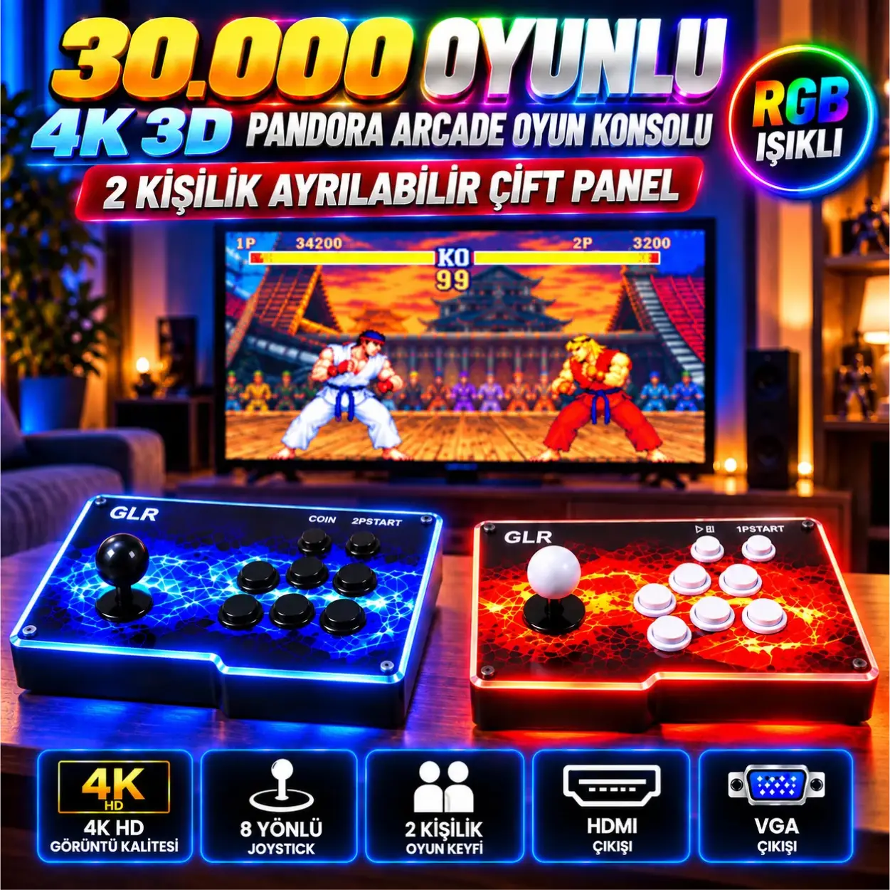 30.000 Oyunlu 4K 3D RGB Pandora Arcade Oyun Konsolu 2 Kişilik Ayrılabilir Çift Panel HDMI VGA