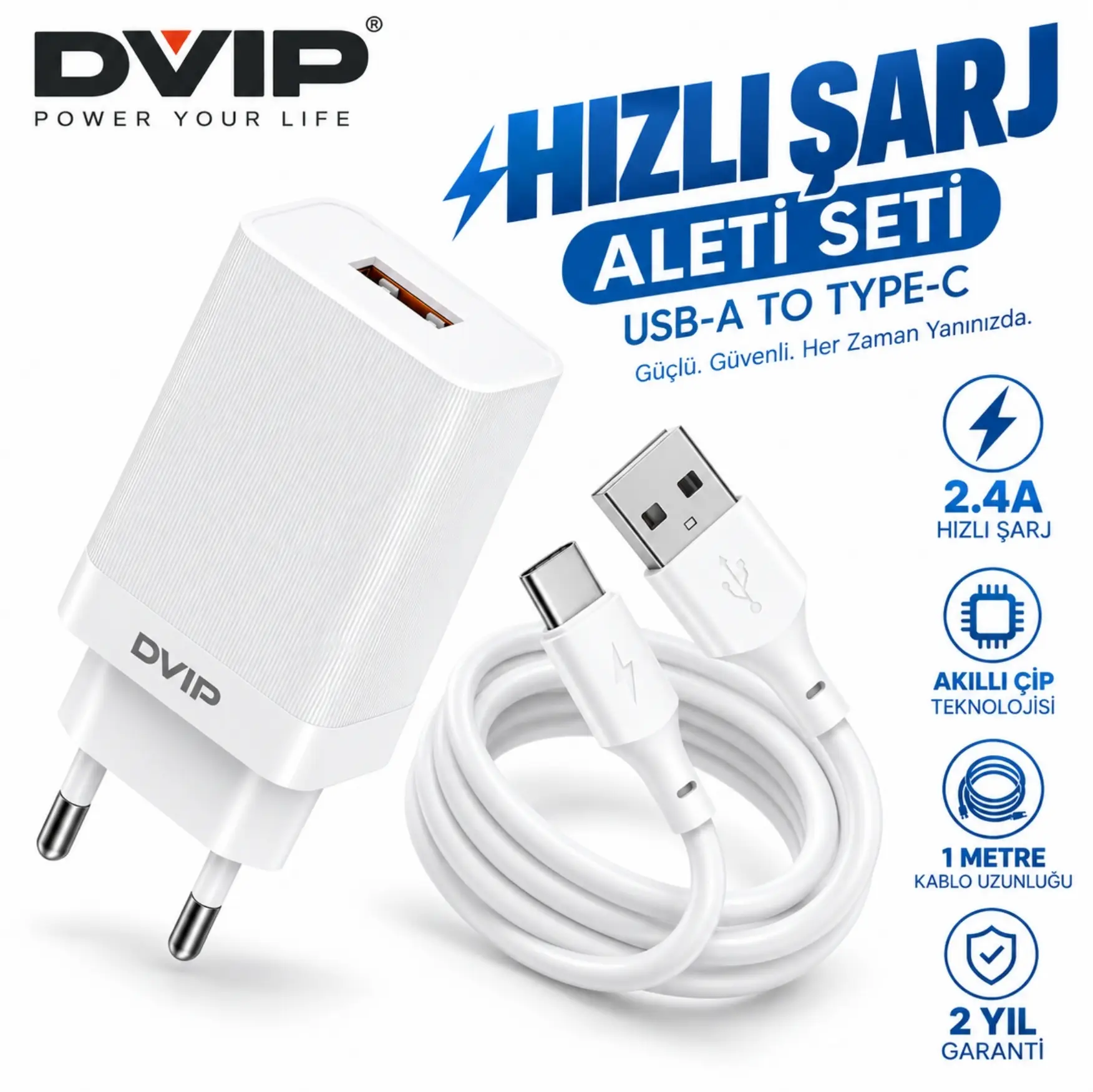 DVIP N14 2.4A UsbA to Type-C Kablolu Hızlı Şarj Aleti Set Beyaz