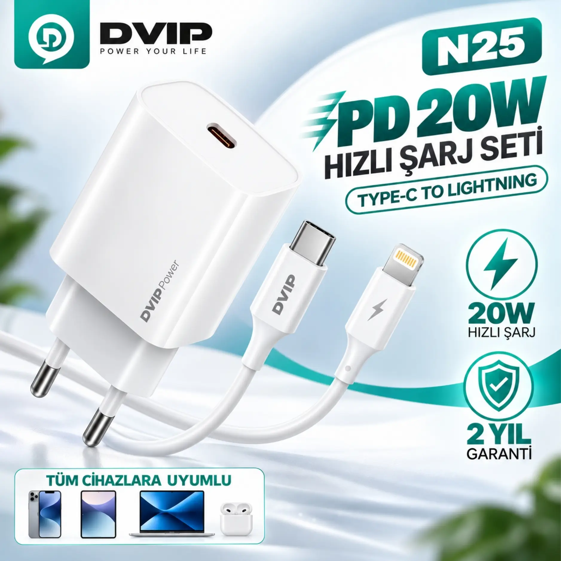 DVIP N25 PD20W Quick Charger Type-C to Lightning Kablolu Şarj Set