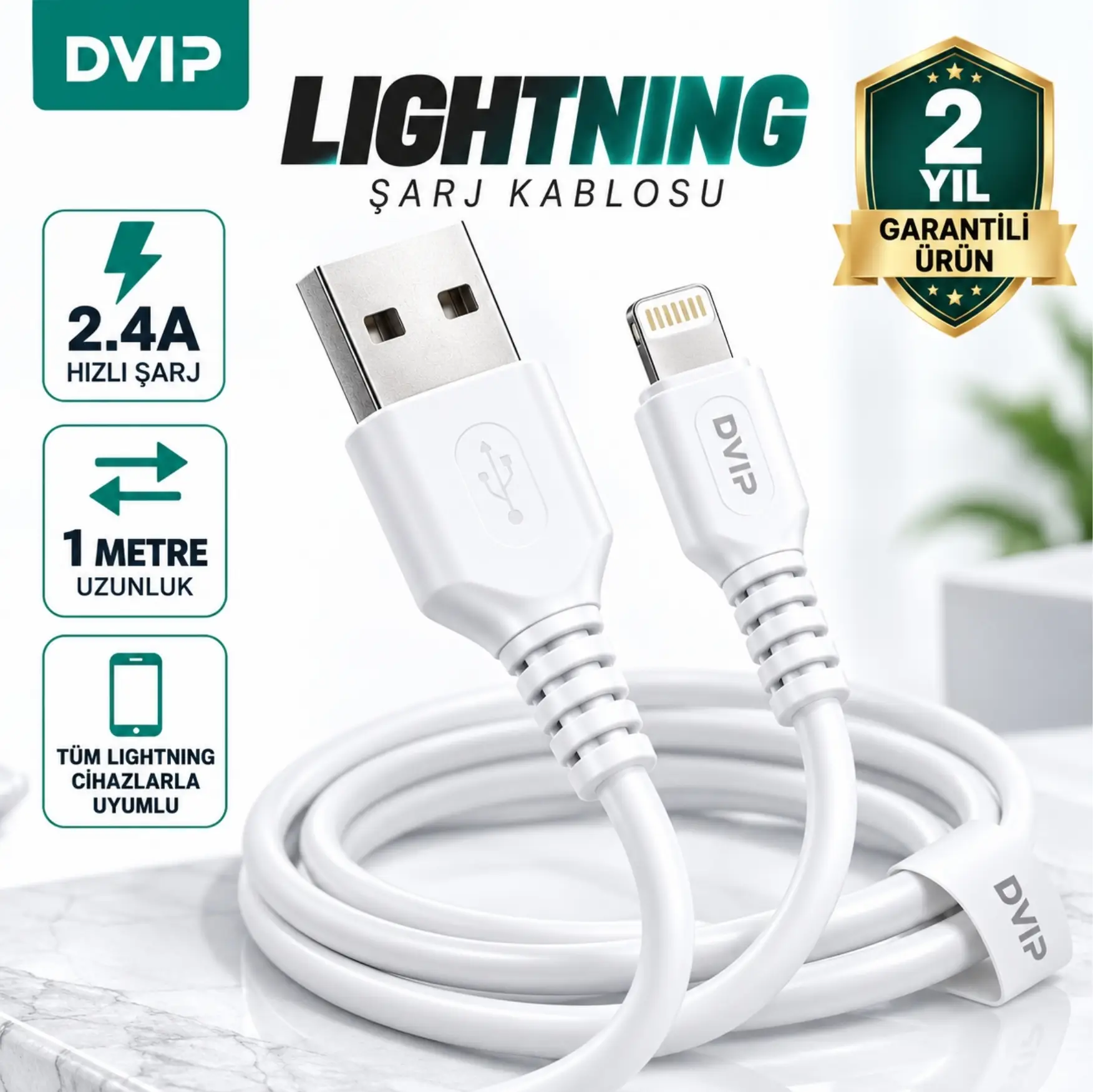 DVIP S01A 6A 67W Fast Charging UsbA to Lightning Data ve Hızlı Şarj Kablosu 1M Beyaz