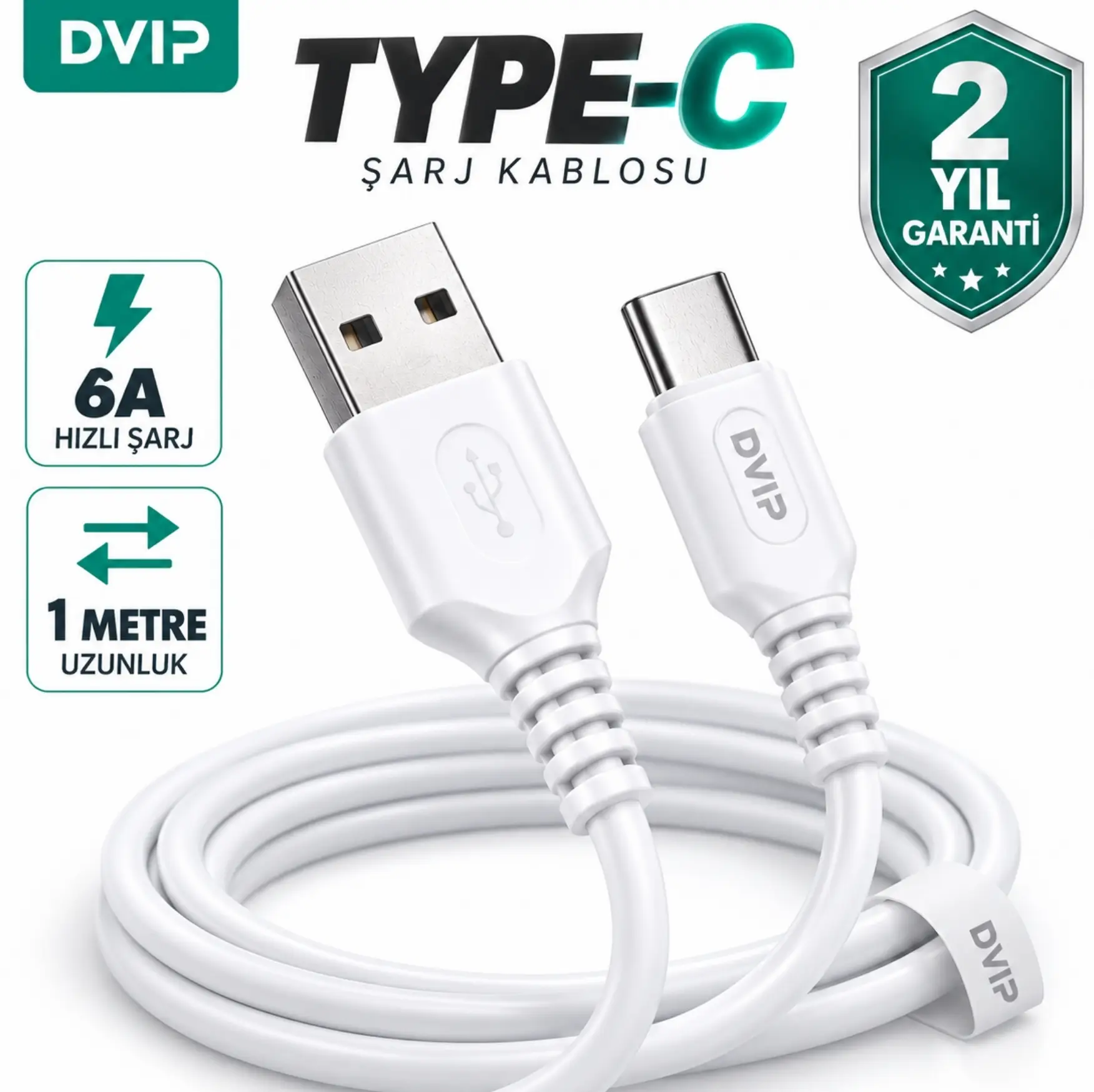 DVIP S01C 6A 67W Fast Charging UsbA to Type-C Data ve Hızlı Şarj Kablosu 1M Beyaz