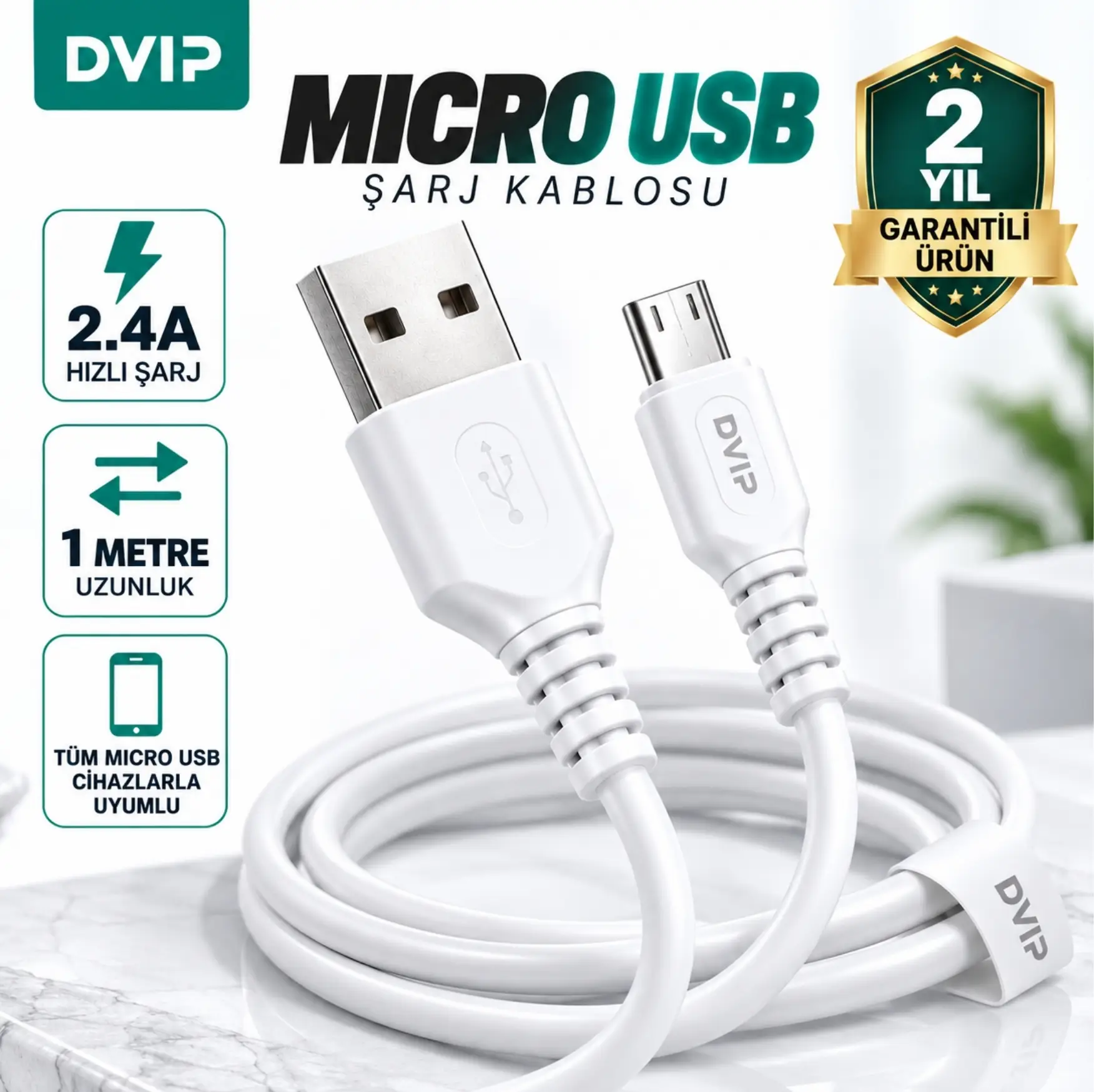 DVIP S01M 6A 67W Fast Charging UsbA to Micro Data ve Hızlı Şarj Kablosu 1M Beyaz