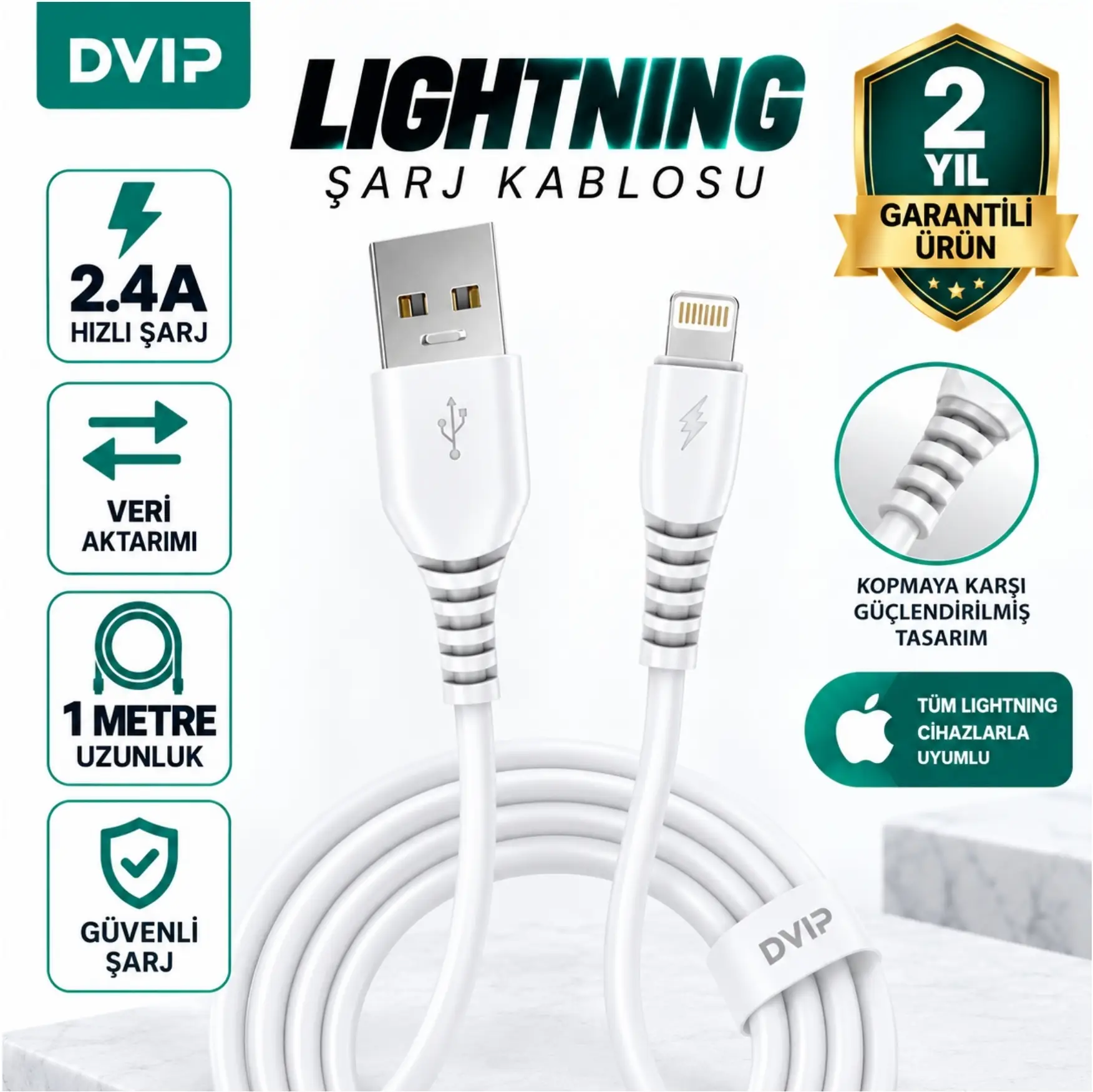 DVIP S11A 6A UsbA to Lightning Hızlı Data ve Şarj Kablosu Beyaz