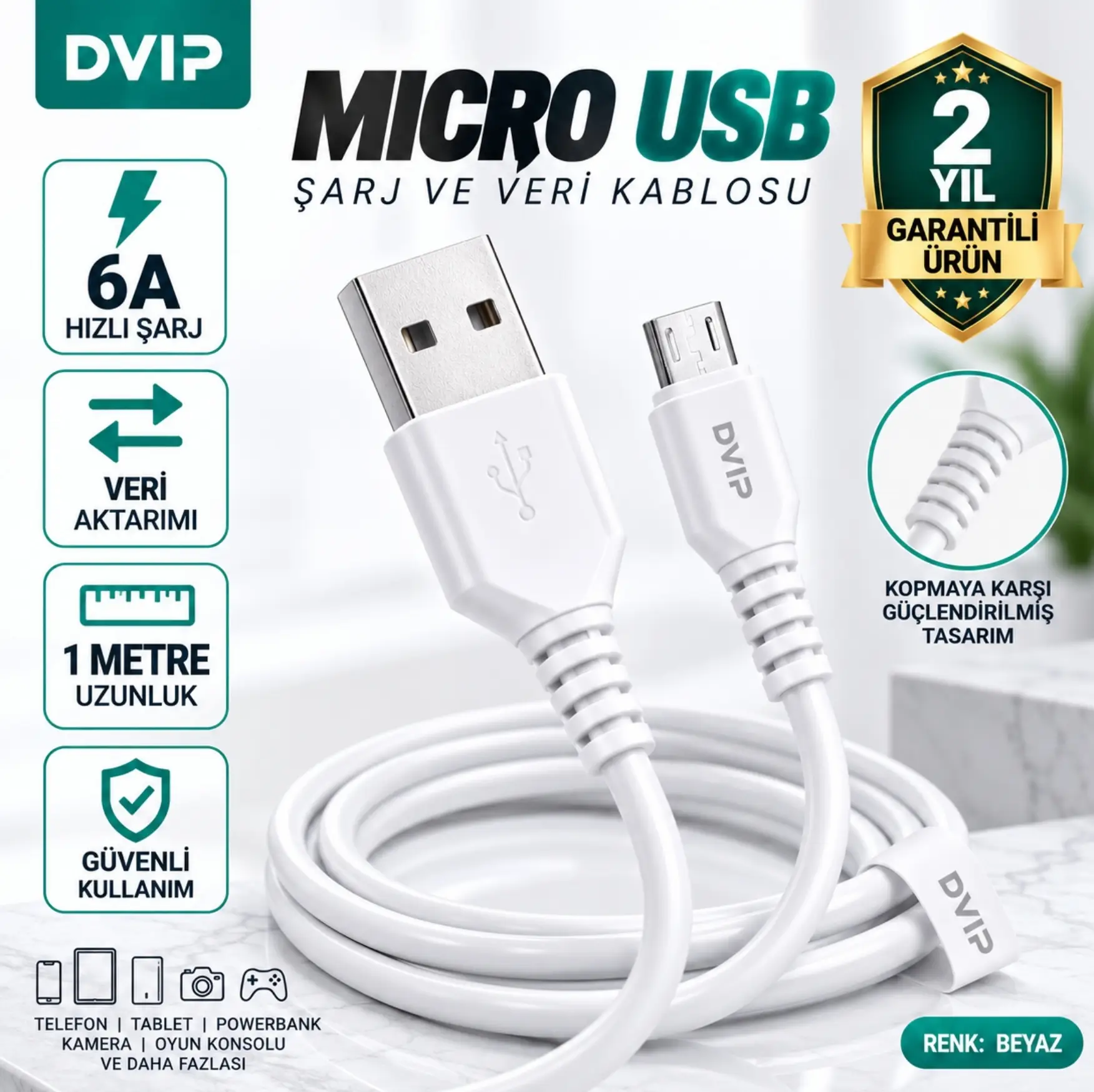 DVIP S11M 6A UsbA to Micro Hızlı Data ve Şarj Kablosu Beyaz