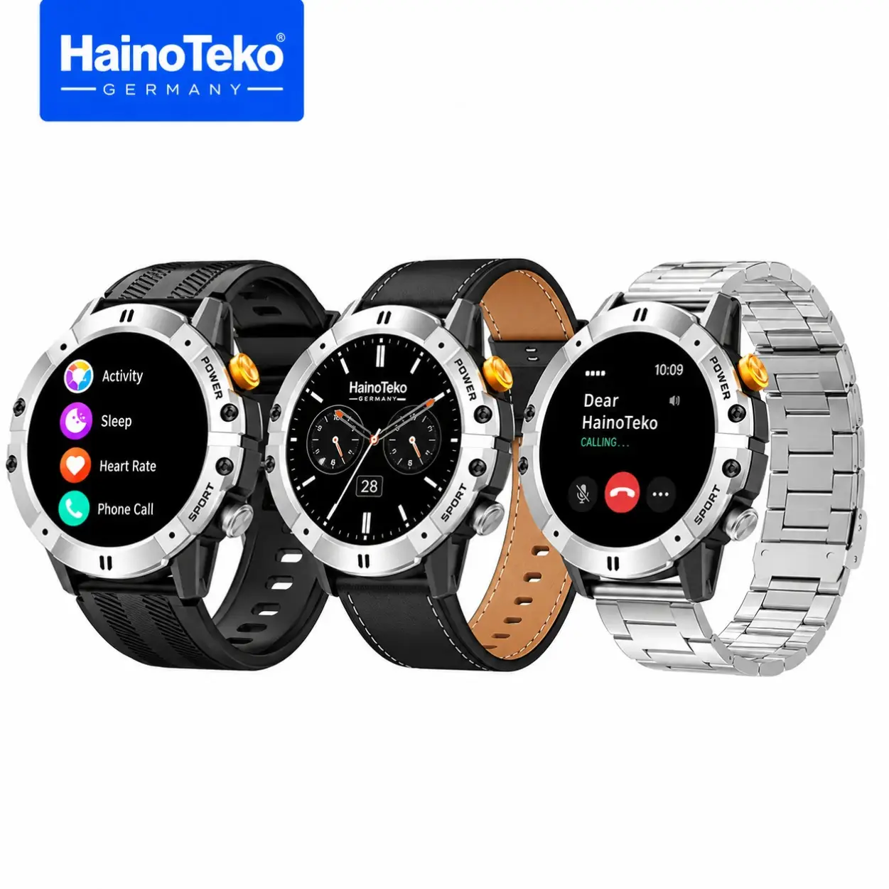 HainoTeko RW-58 AMOLED Akıllı Saat Bluetooth Arama 1ATM Su Geçirmez 3 Kordon Seti Spor Gümüş Kasa