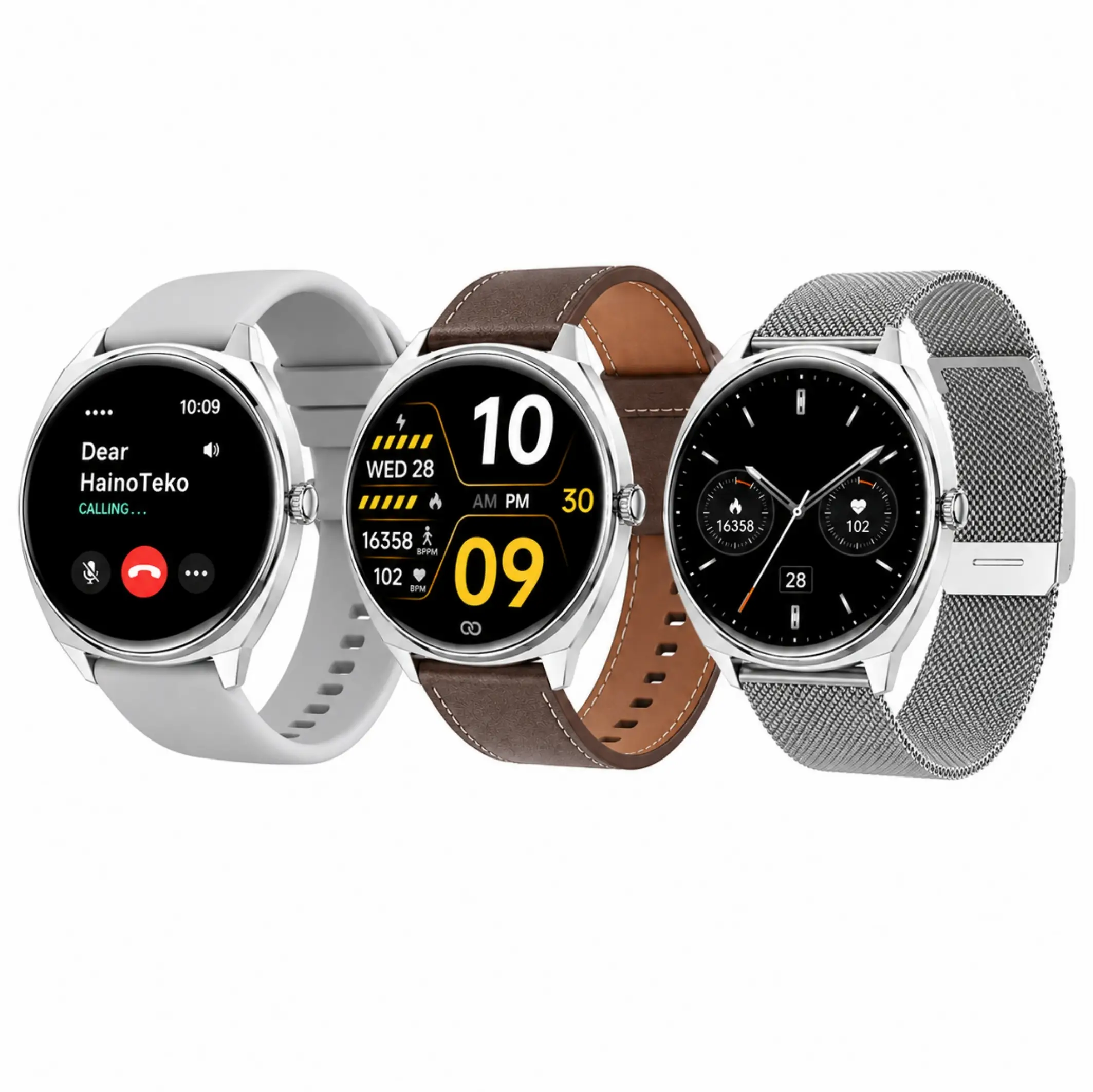 HainoTeko-16 Amoled Ekran Waterproof 3 Kordonlu Akıllı Saat Gümüş Premium Set