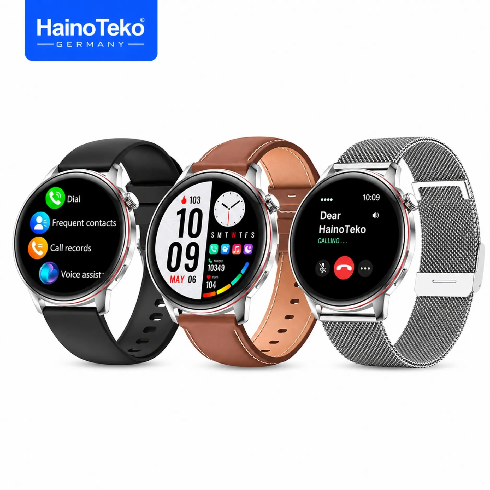 HainoTeko-29 Waterproof Akıllı Saat AMOLED Ekran Bluetooth Arama 3 Kordon Set Gümüş