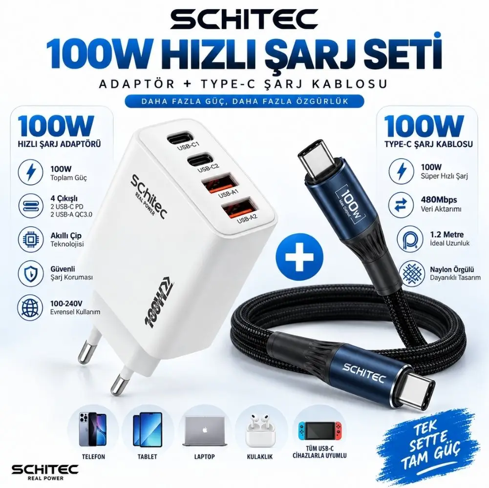 SChitec 100W 4 Çıkışlu Hızlı Şarj Başlığı ve 100W Type-C to Type-C Süper Hızlı Şarj Kablosu 1.2