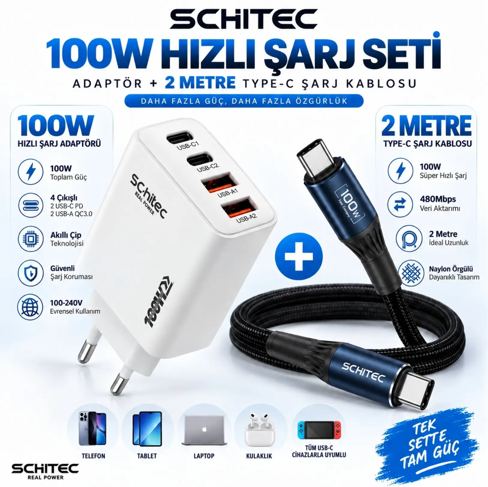 SChitec 100W 4 Çıkışlu Hızlı Şarj Başlığı ve 100W Type-C to Type-C Süper Hızlı Şarj Kablosu
