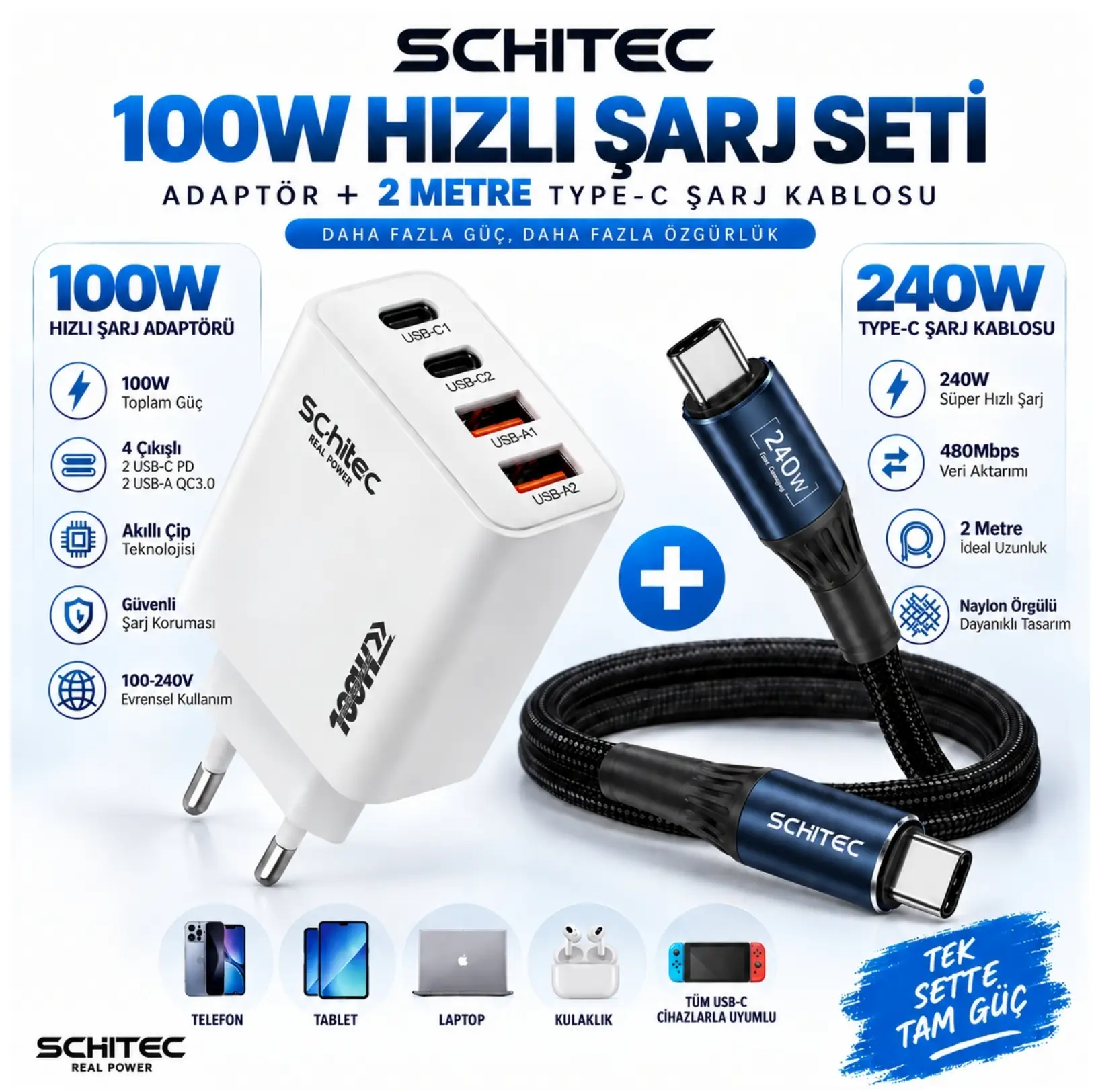 SChitec 100W 4 Çıkışlu Hızlı Şarj Başlığı ve 240W Type-C to Type-C Süper Hızlı Şarj Kablosu 2 Metre