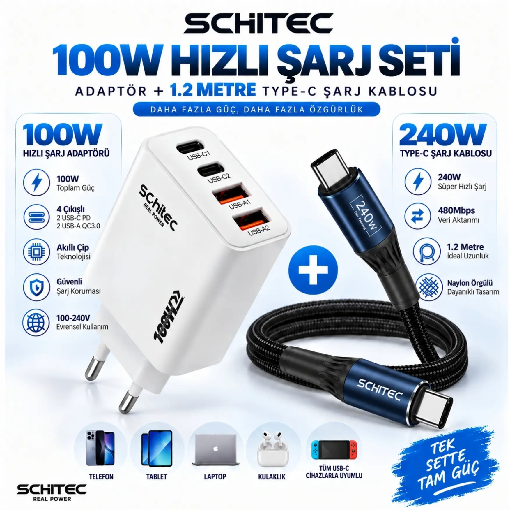 SChitec 100W 4 Çıkışlu Hızlı Şarj Başlığı ve 240W Type-C to Type-C Süper Hızlı Şarj Kablosu
