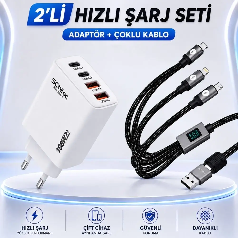 SChitec 100W 4 Çıkışlu Hızlı Şarj Başlığı ve 5in1 100W Göstergeli Type-C ve UsbA Girişli Micro Type-C Lightning Çıkışlı Hızlı Şarj 