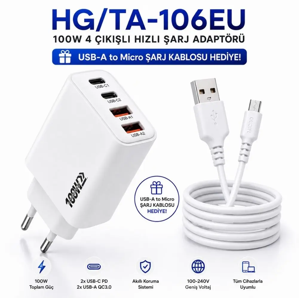 SChitec 100W 4 Çıkışlı Hızlı Şarj Başlığı ve 67W UsbA to Micro ve Hızlı Şarj Kablosu 1M HEDİYE 