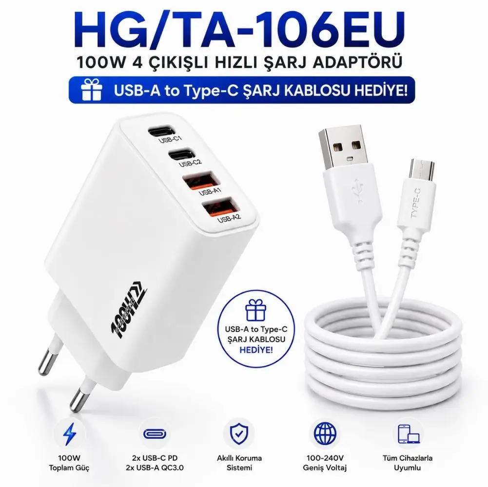 SChitec 100W 4 Çıkışlı Hızlı Şarj Başlığı ve 67W UsbA to Type-C ve Hızlı Şarj Kablosu 1M HEDİYE 