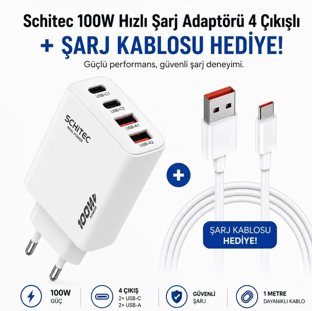 SChitec 100W 4 Çıkışlu Hızlı Şarj Başlığı ve 6A 120W UsbA to Type-C Hızlı Data ve Turbo HEDİYE