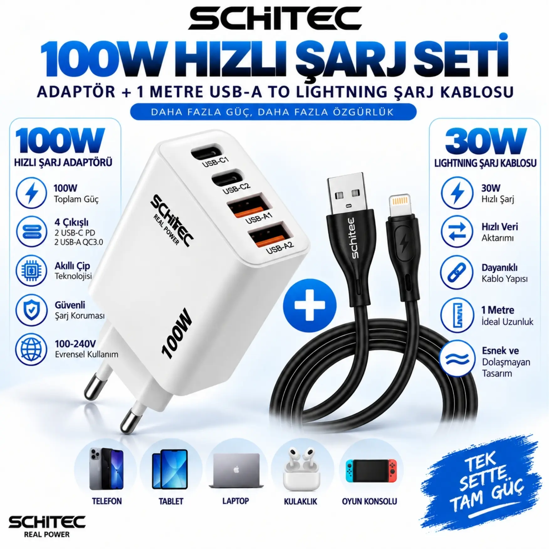 SChitec 100W 4 Çıkışlu Hızlı Şarj Başlığı ve USB-A to Lightning 30W Hızlı Data ve Şarj Kablosu 