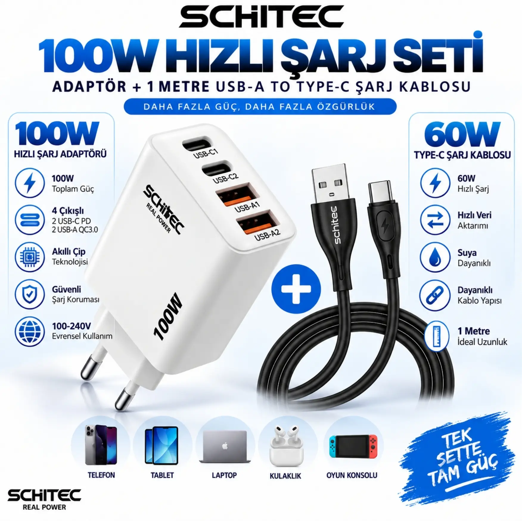 SChitec 100W 4 Çıkışlu Hızlı Şarj Başlığı ve USB-A to Type-C 60W Hızlı Şarj ve Data Kablosu 
