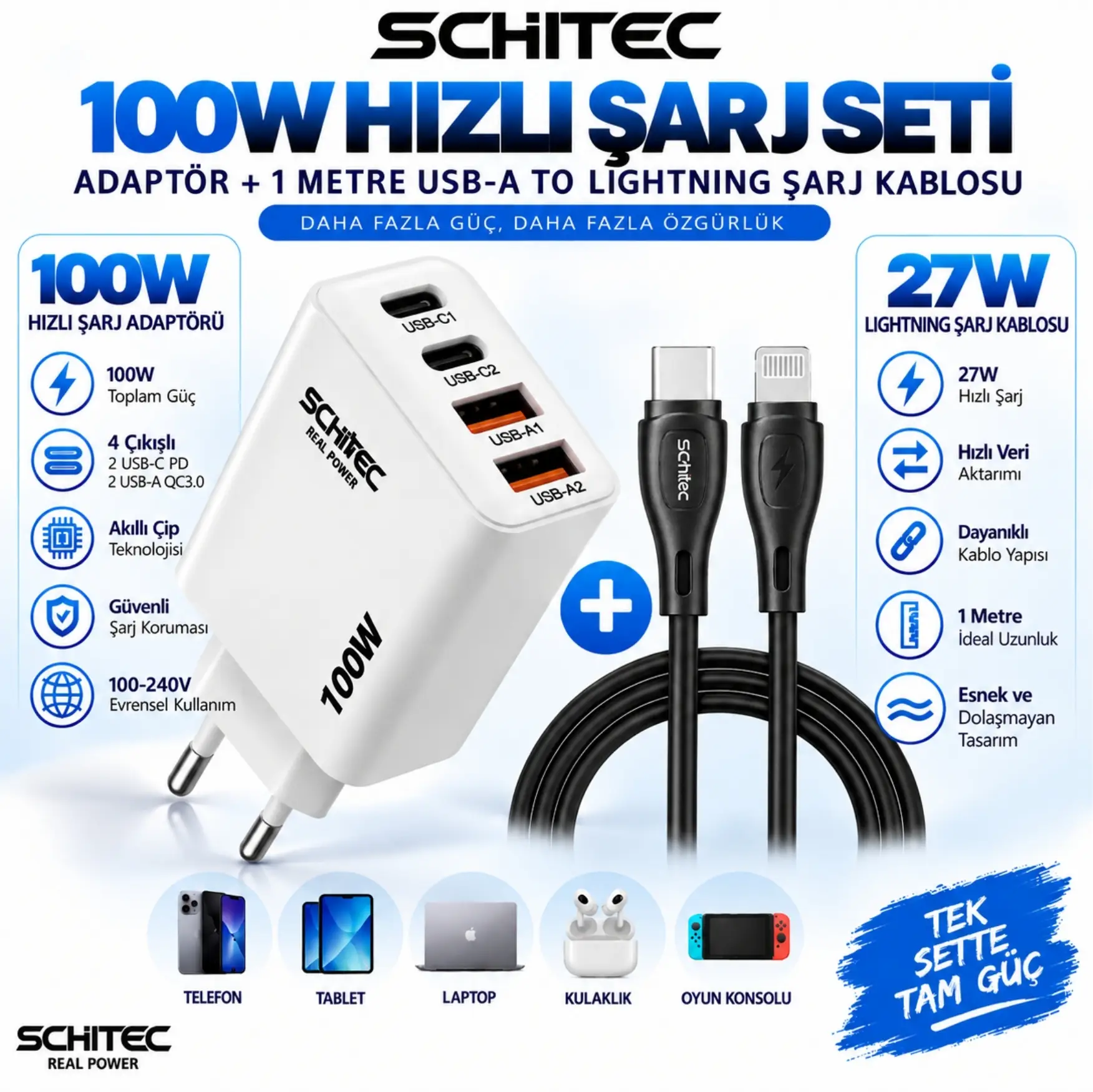 SChitec 100W 4 Çıkışlu Süper Hızlı Şarj Başlığı ve 60W Type-C to Lightning Hızlı Şarj ve Data Kablosu Siyah