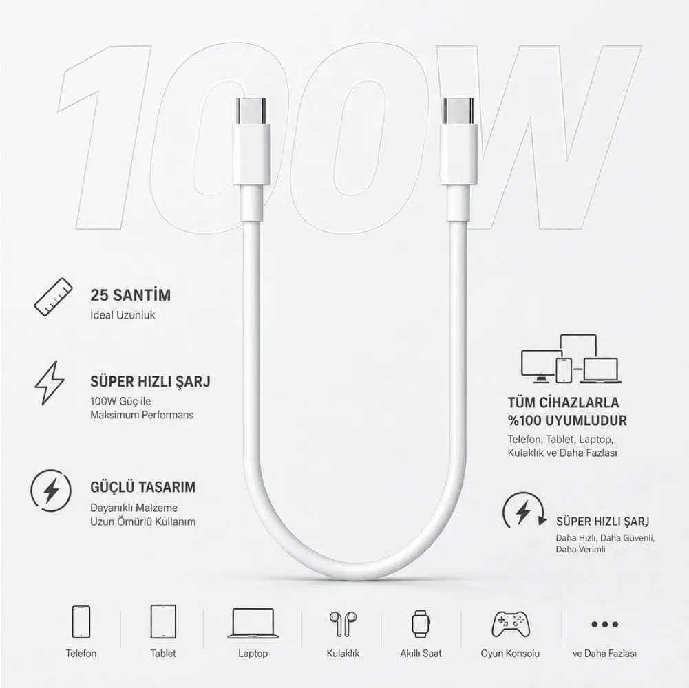 SCHitec 100W Type-C to Type-C 25cm Süper Hızlı Data ve Şarj Kablosu Beyaz
