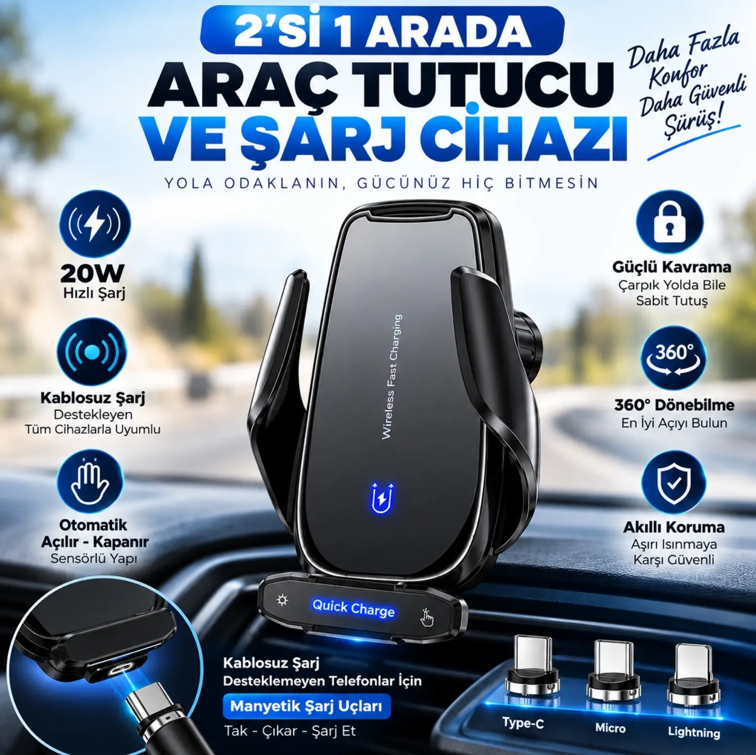 ScHitec 20W Sensörlü Araç İçi Kablosuz Hızlı Şarj Aleti ve Telefon Tutucu