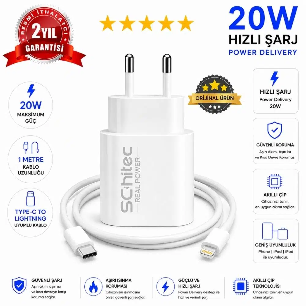 SChitec 20W Type-C Çıkışlı Hızlı Şarj Aleti Type-C to Lightning Kablolu Set Beyaz SC001