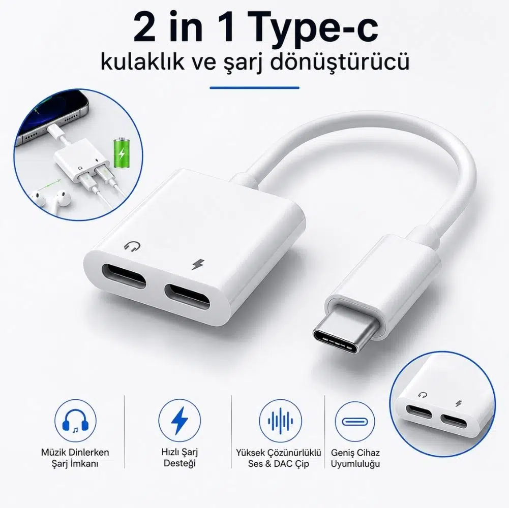 ScHitec 2in1 Type-C Kulaklık ve Şarj Dönüştürücü Hızlı Şarj Adaptör JH032