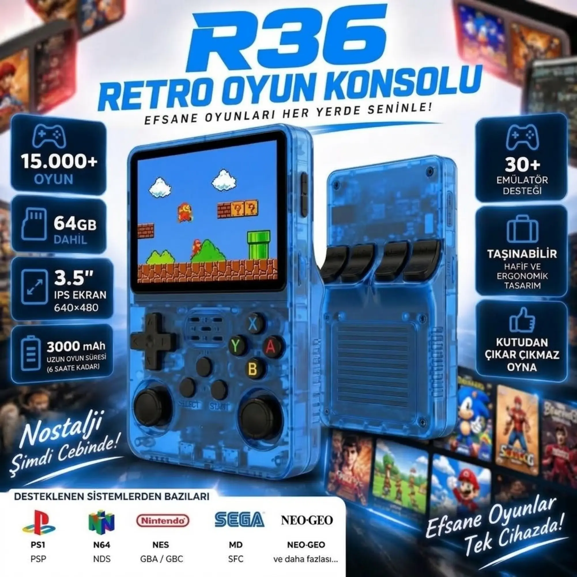 ScHitec 3.5 Inç OTG Çıkışlı Taşınabilir Retro Oyun Konsolu 15000+ Oyunlu Şeffaf Mavi R36S