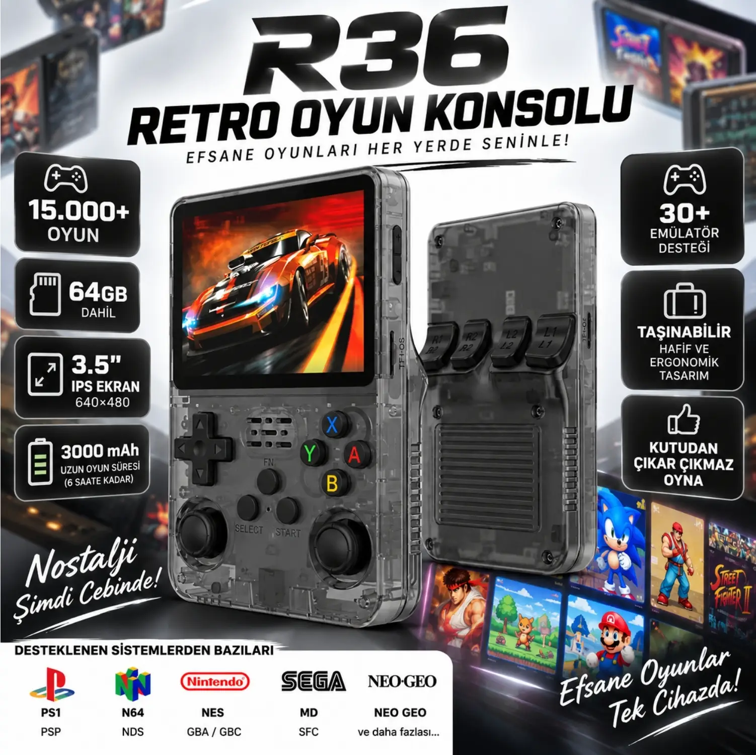 ScHitec 3.5 Inç OTG Çıkışlı Taşınabilir Retro Oyun Konsolu 15000+ Oyunlu Şeffaf Siyah R36S