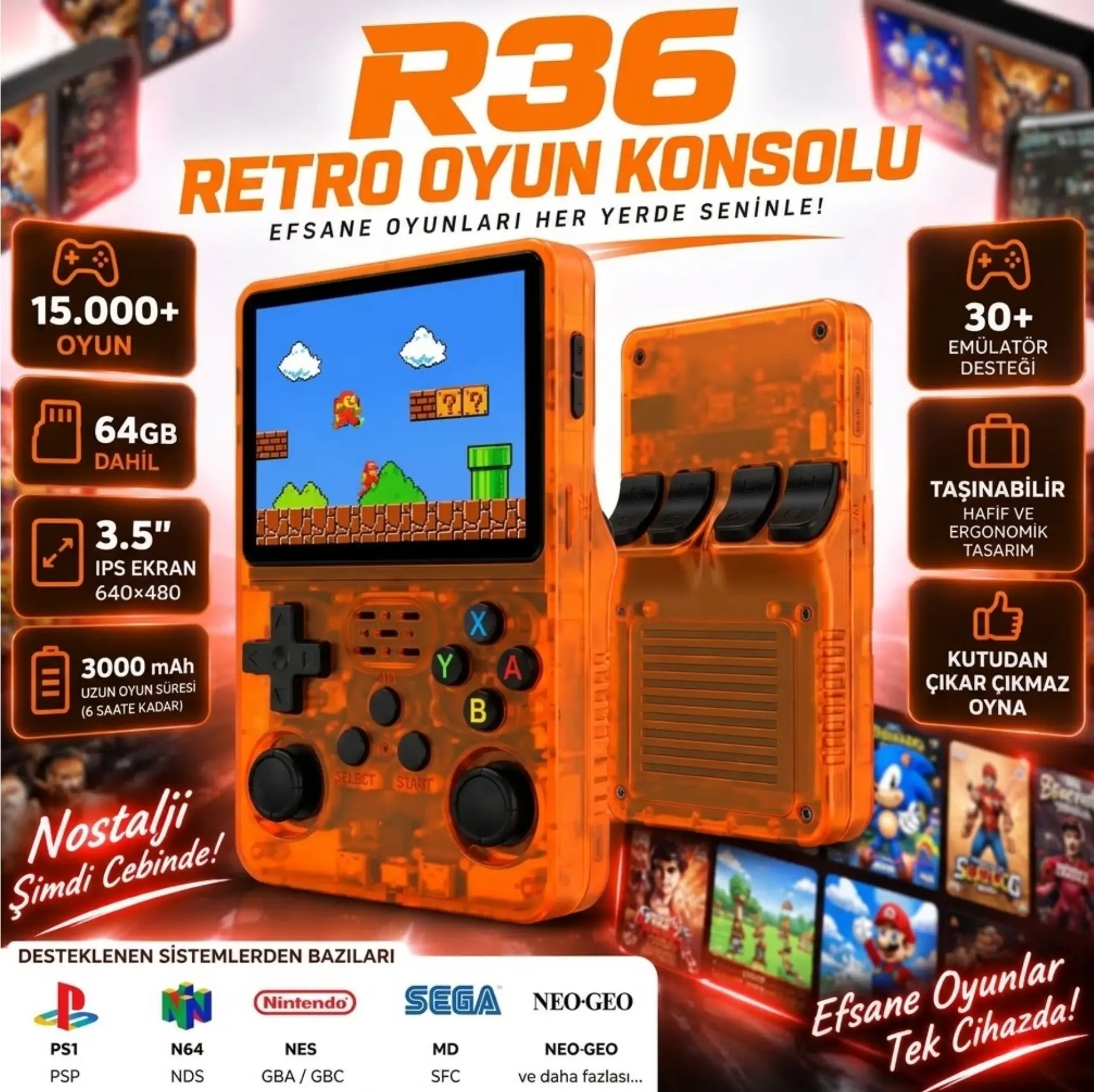 ScHitec 3.5 Inç OTG Çıkışlı Taşınabilir Retro Oyun Konsolu 15000+ Oyunlu Şeffaf Turuncu R36S