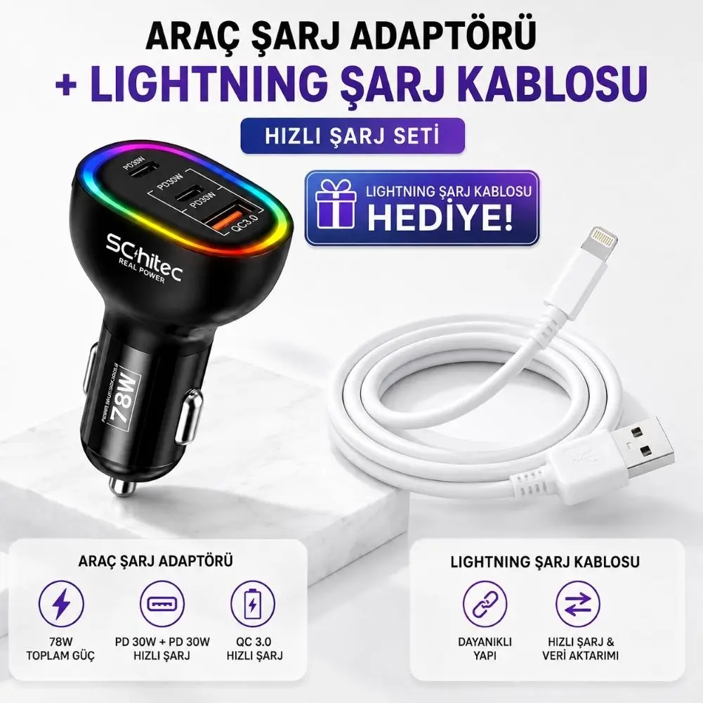 Schitec 3 Portlu Araç Şarj Aleti ve 67W UsbA to Lightning Data ve Hızlı Şarj Kablosu 1M Beyaz HEDİYE 