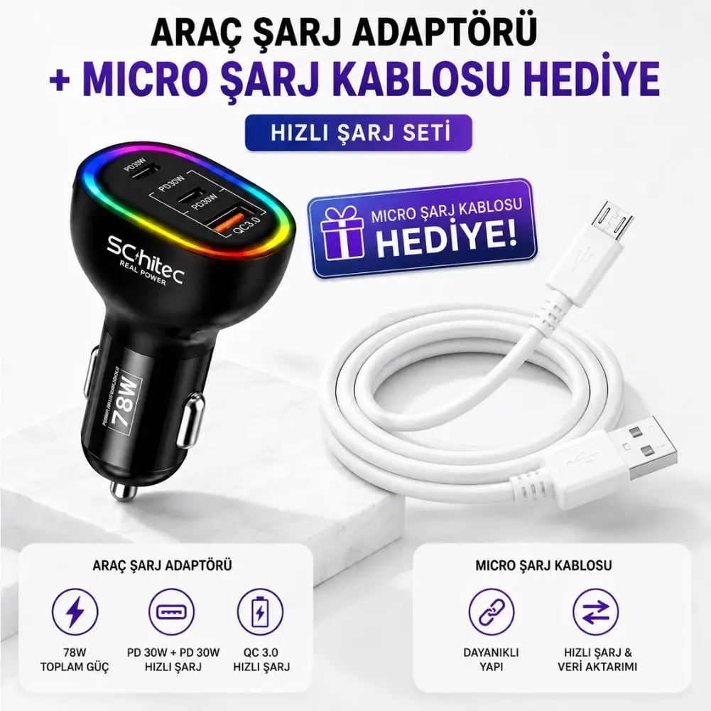 Schitec 3 Portlu Araç Şarj Aleti ve 67W UsbA to Micro Data ve Hızlı Şarj Kablosu 1M Beyaz HEDİYE 