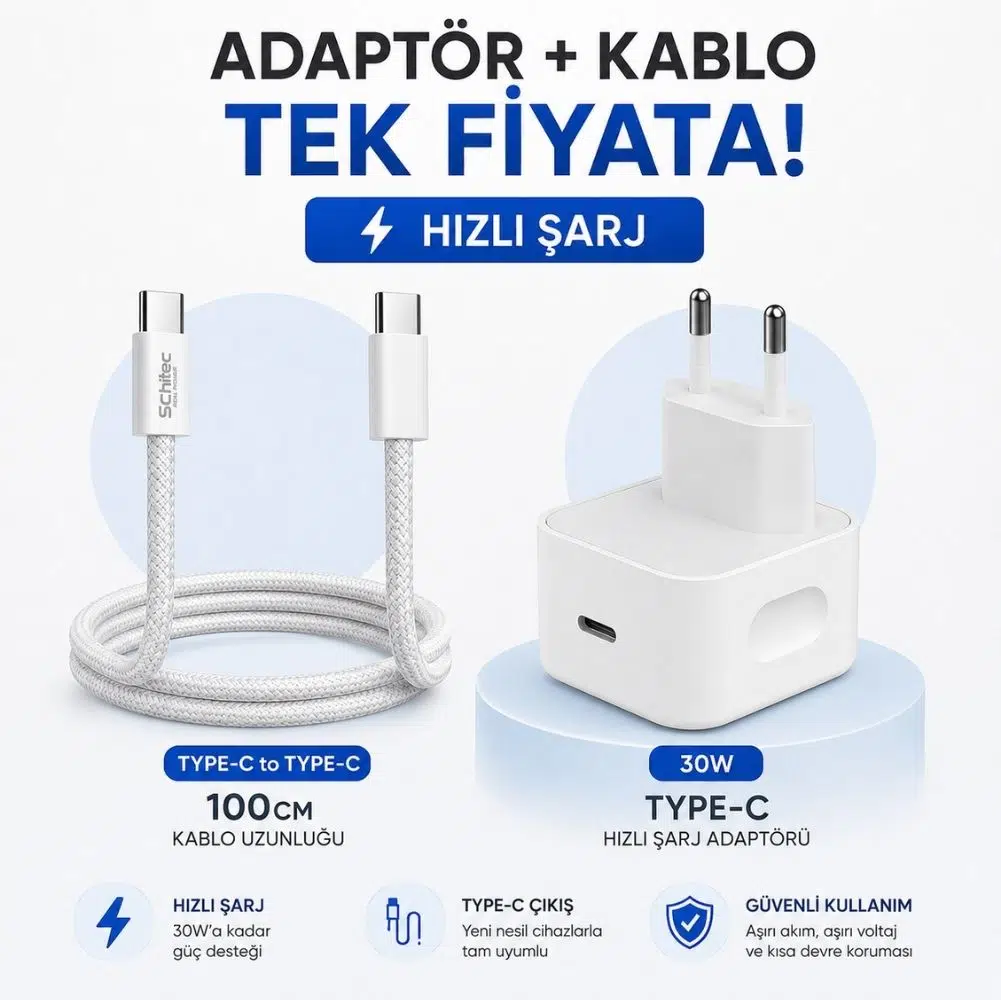 Schitec 30W Hızlı Şarj Adaptörü UCB-C+60W Type-C to Type-C Örgülü Data ve Hızlı Şarj Kablosu 
