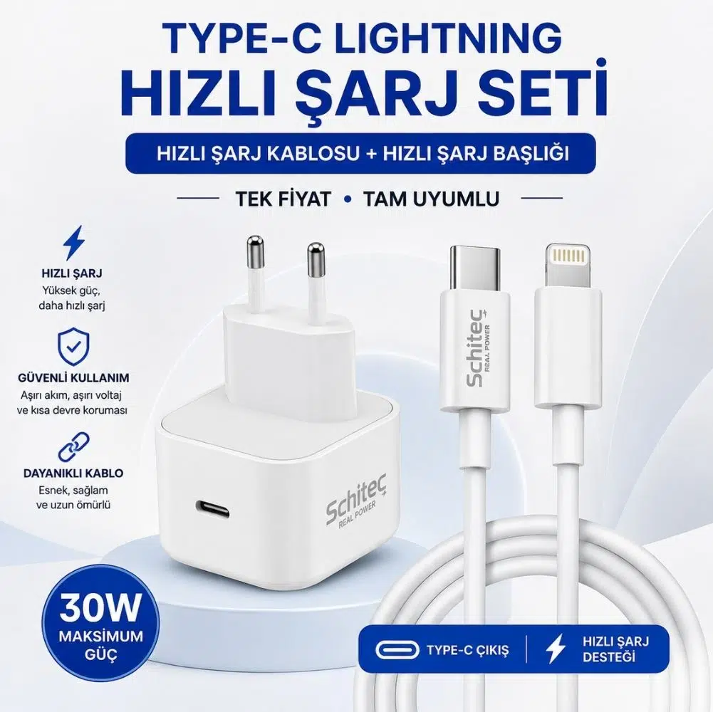 SChitec 30W Type-C Çıkışlı Hızlı Şarj Adapörü Başlığı ve Type-C to Lightning ve Hızlı Şarj Kablosu