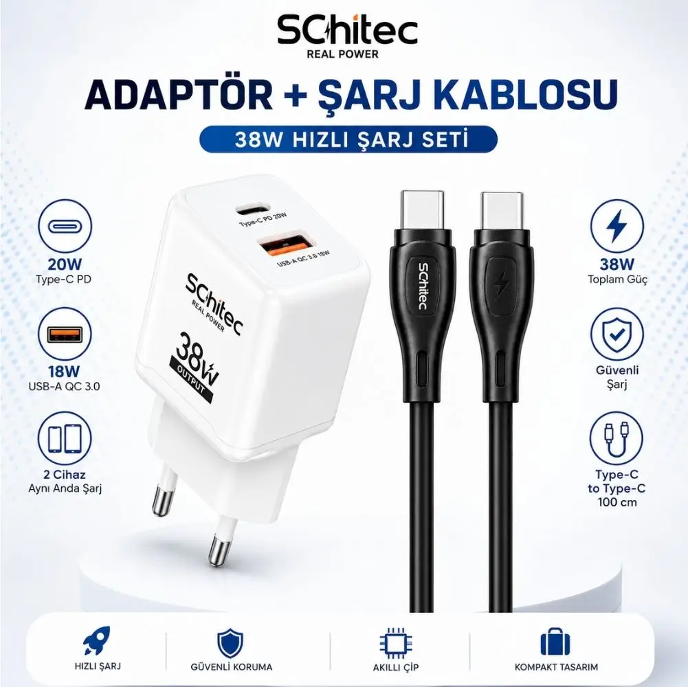 SChitec 38W 2 Çıkışlı Hızlı Şarj Başlığı ve 60W Type-C to Type-C Hızlı Şarj ve Data Kablosu Siyah