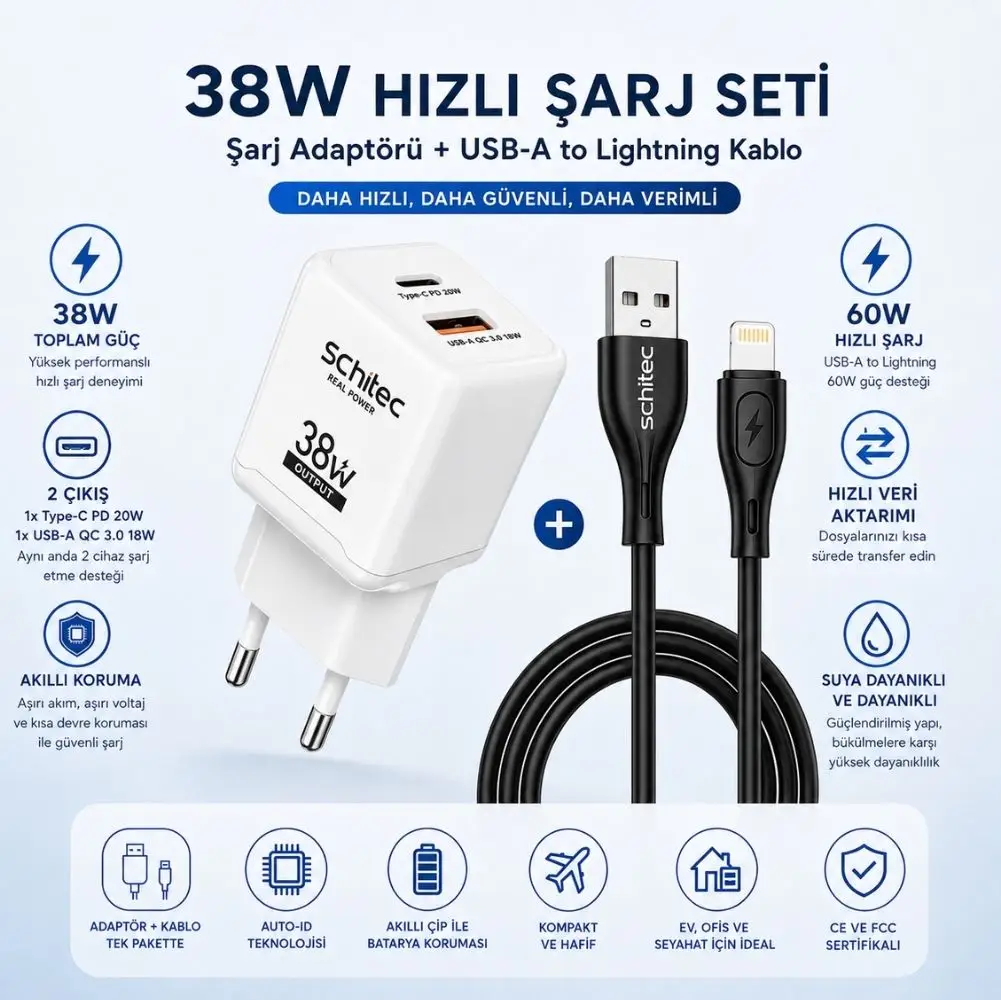 SChitec 38W 2 Çıkışlı Hızlı Şarj Başlığı ve USB-A to Lightning 30W Hızlı Data ve Şarj Kablosu 