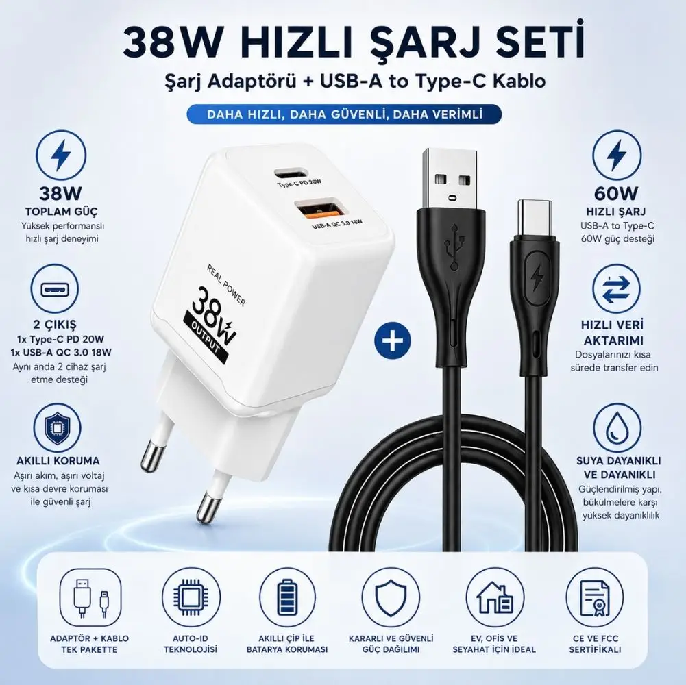 SChitec 38W 2 Çıkışlı Hızlı Şarj Başlığı ve USB-A to Type-C 60W Hızlı Data ve Şarj Kablosu 