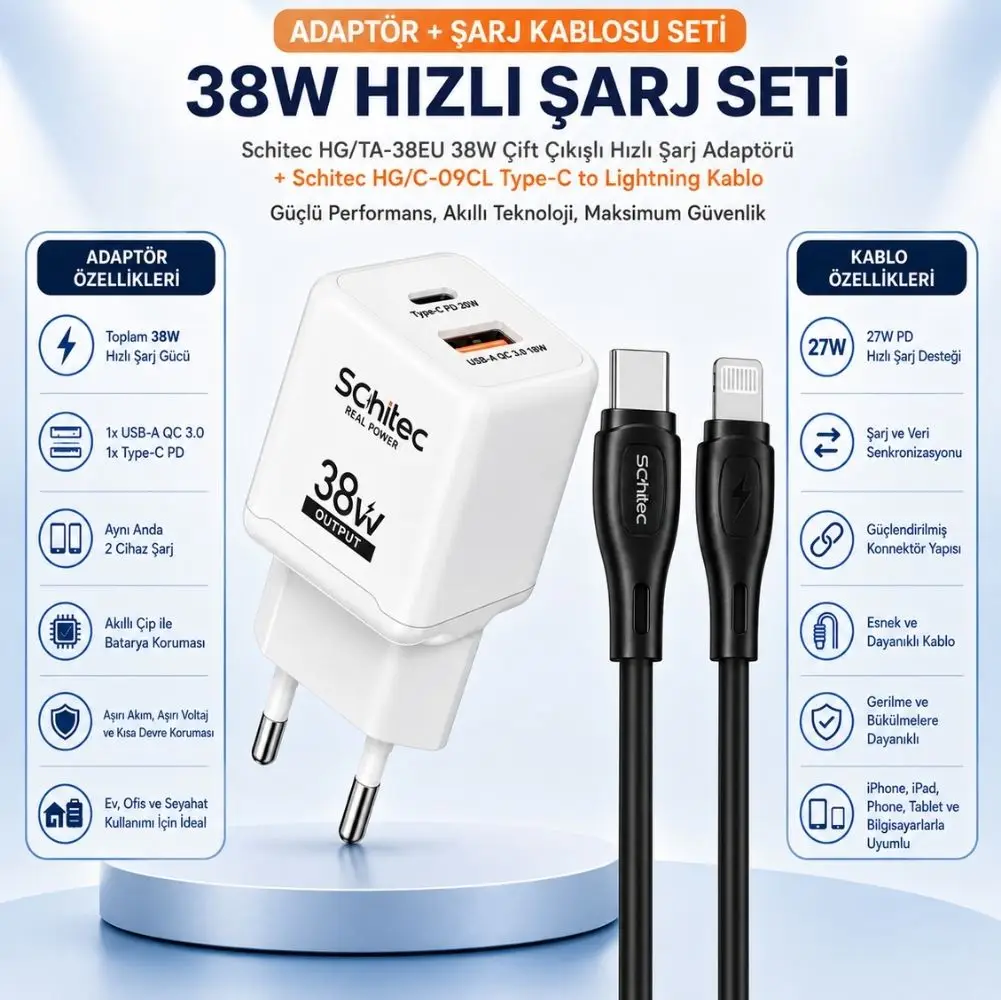 SChitec 38W 2 Çıkışlı Süper Hızlı Şarj Başlığı ve 60W Type-C to Lightning Hızlı Şarj ve Data Kablosu Siyah