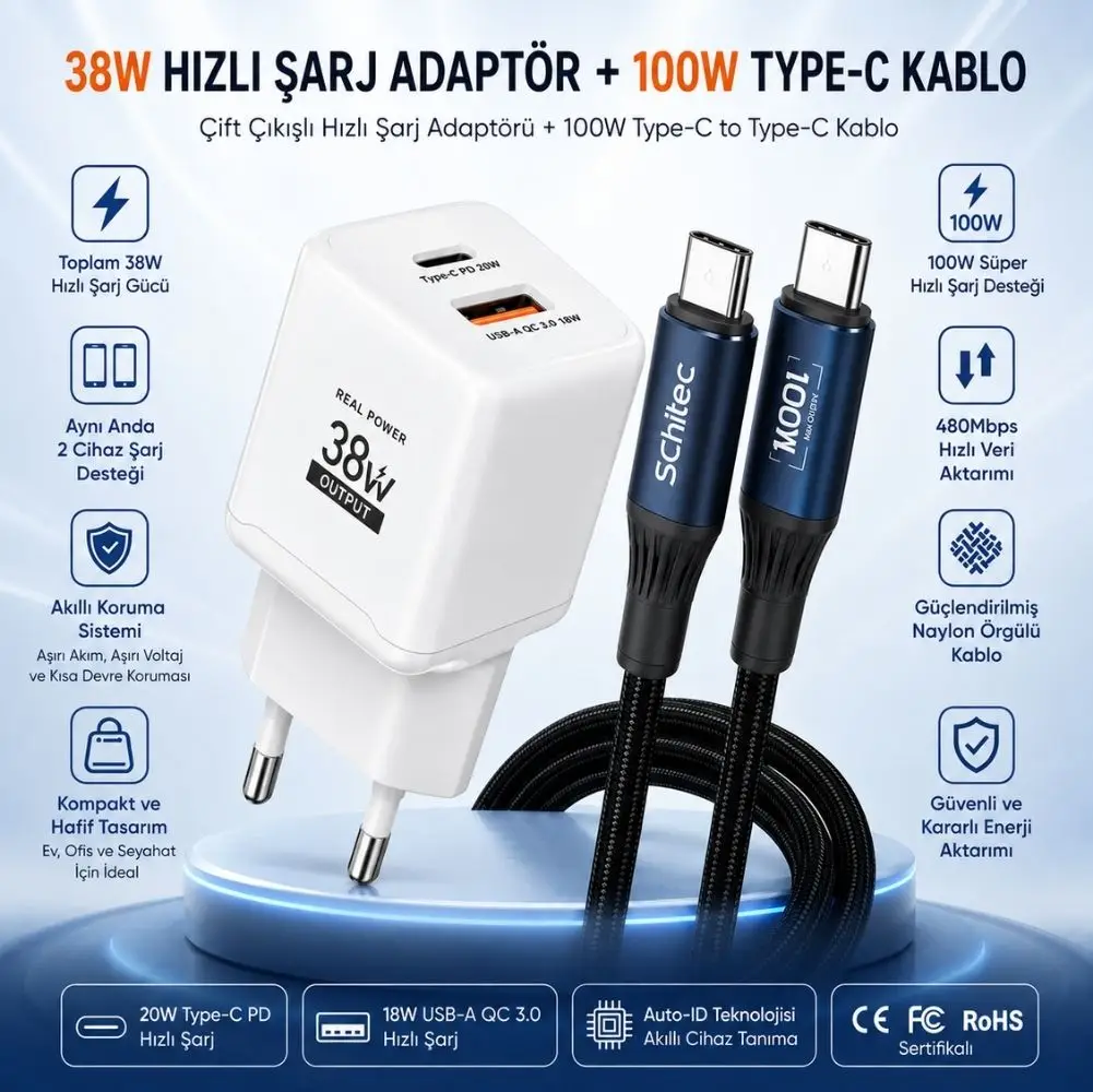 SChitec 38W 2 Çıkışlu Hızlı Şarj Başlığı ve 100W Type-C to Type-C Süper Hızlı Şarj Kablosu 1.2 Metre